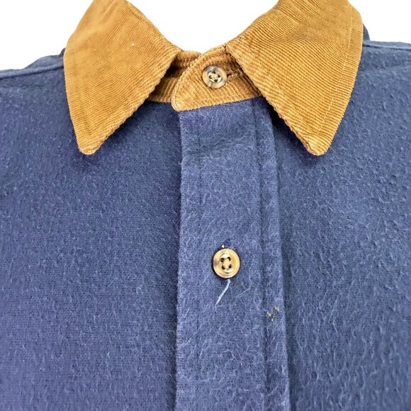 Lands End Navy Cotton Button-Up Shirt W/ Brown Corduroy Collar Workwear - Picture 4 of 9